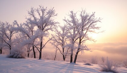 Fototapeta premium Frosty winter sunrise with snow-covered trees and soft light.
