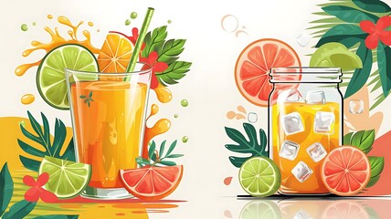 Bright citrus juice and fresh fruits illustration with vibrant colors

