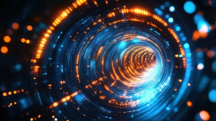 Obraz premium Blue and orange light effect. Horizontal glowing tunnel. Hologram on dark technology background. Overlay or screen filter texture. Concept for tech, sci-fi, and science.