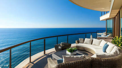 Fototapeta premium A curved balcony with modern furniture, glass railings, and a panoramic view of the ocean meeting the horizon.