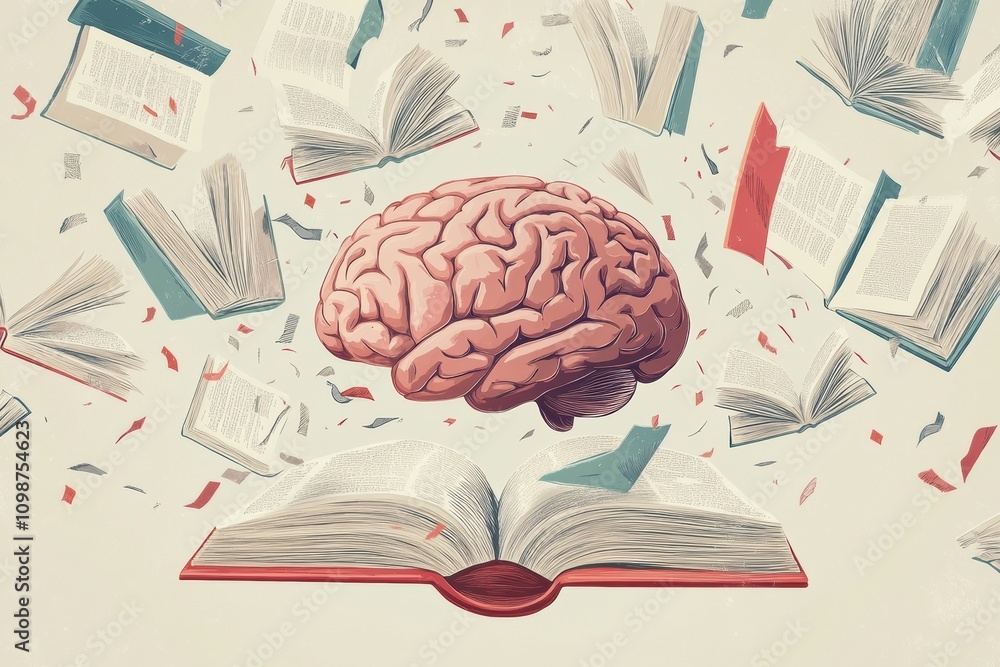 Fototapete a brain is positioned amidst open books and fluttering pages, evoking themes of knowledge acquisitio