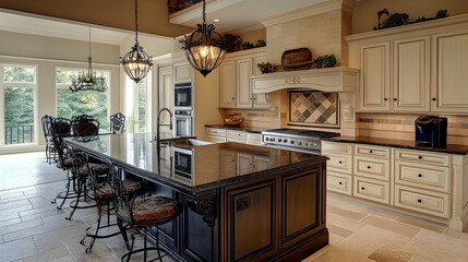 Fototapeta premium A charming farmhouse-style kitchen with a black island, wood accents, and vintage-inspired pendant lighting.