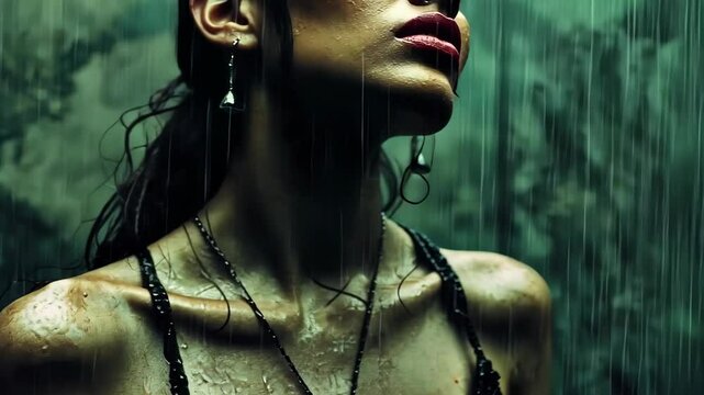 Dramatic rainfall captures intense emotion and mystery in closeup