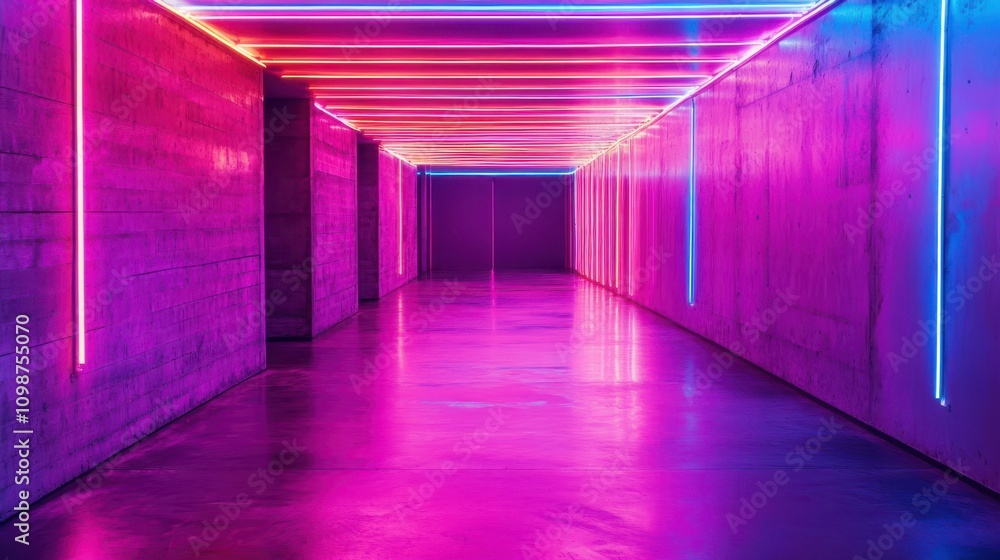 Poster bright neon lines slide down the metallic ceiling walls and floor. abstract iridescent animated back