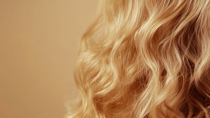 Naklejka premium curly blond hair strands. Close-up of golden hair extension piece, isolated on beige background. Redhead curls and loops macro