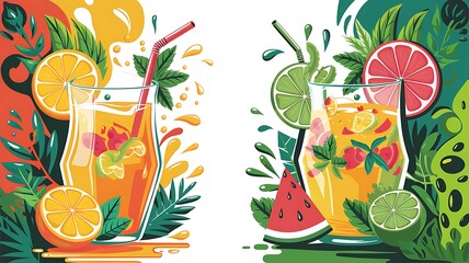 Bright citrus juice and fresh fruits illustration with vibrant colors

