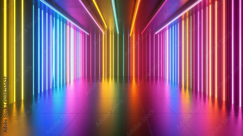 Poster bright neon lines slide down the metallic ceiling walls and floor. abstract iridescent animated back