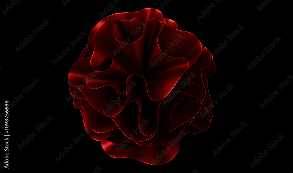 Poster dynamic abstract composition with flowing red curves on a black background