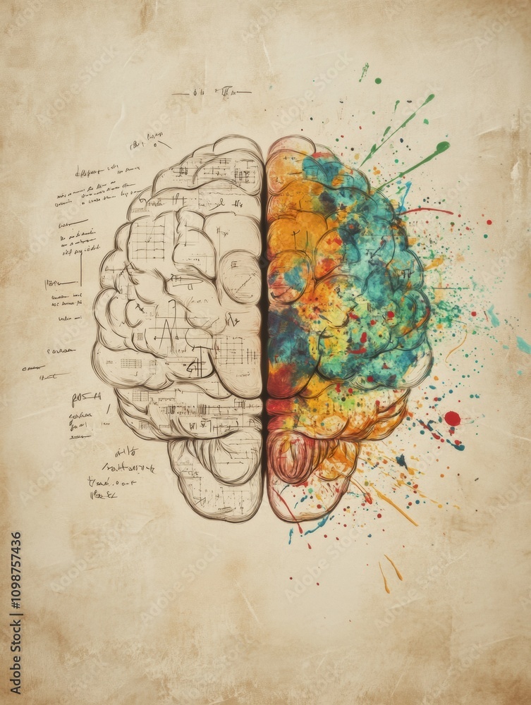 Poster a brain illustration shows the contrast between logical and imaginative thinking using colors and pa