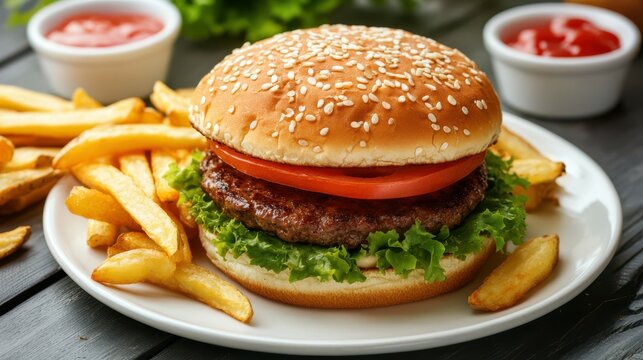 Delicious burger and french potato fries\