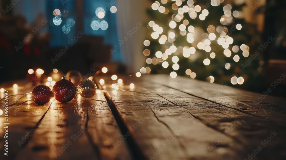 Poster christmas - defocused string light on rustic wooden table with christmas tree