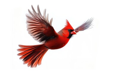 Obraz premium A vibrant cardinal bird gracefully flies against a soft, wintry backdrop, showcasing its brilliant red plumage. This lovely creature symbolizes the warmth and joy of the holiday season