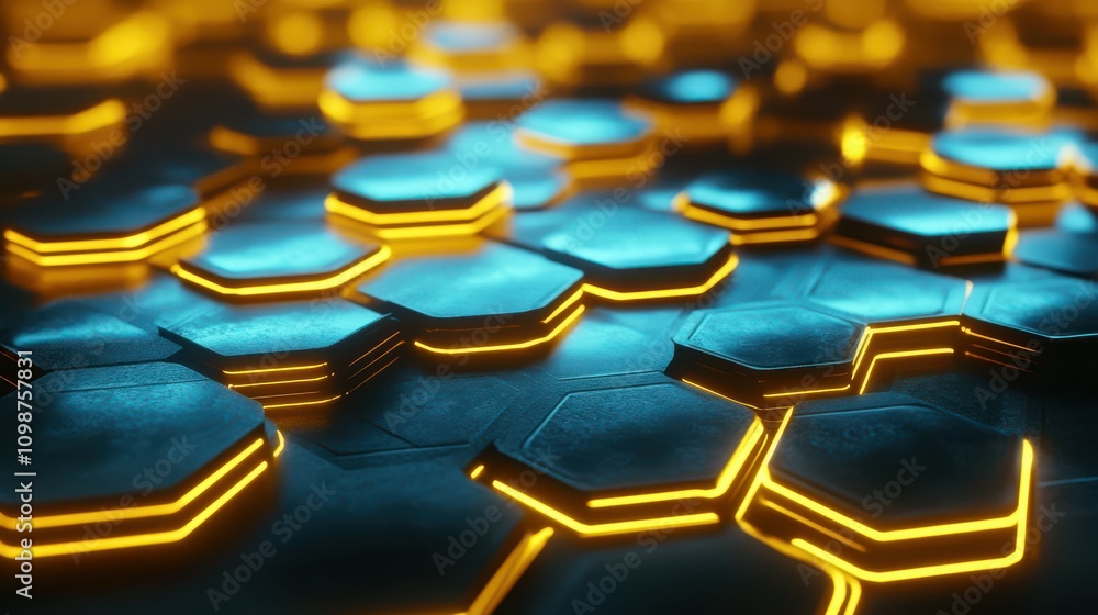 Poster futuristic technology honeycomb mosaic. abstract background with glowing hexagons. 3d rendered illus