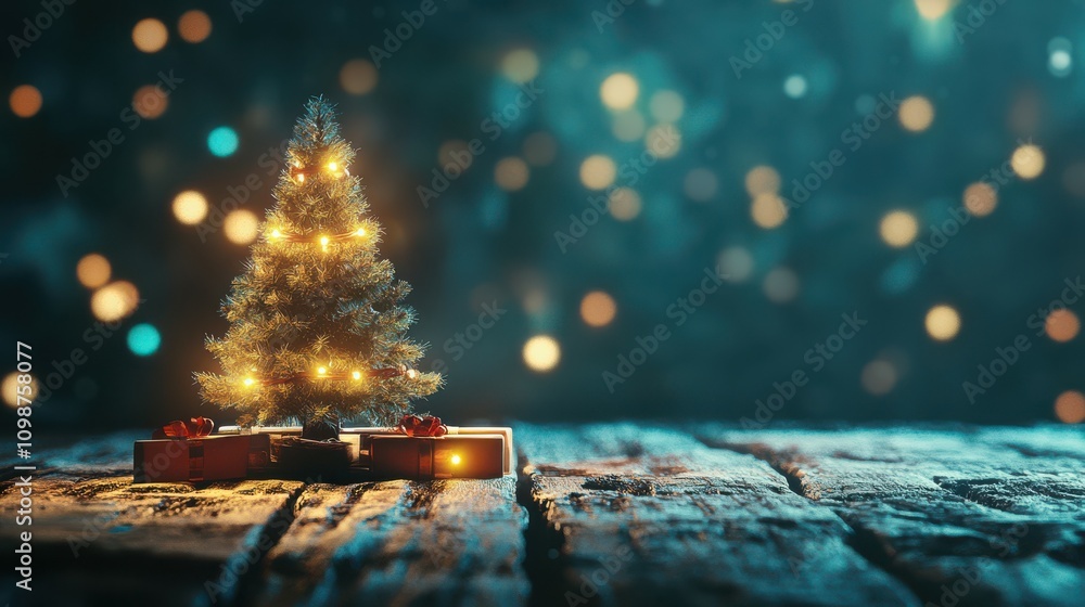 Aufkleber christmas - defocused string light on rustic wooden table in the night with abstract tree