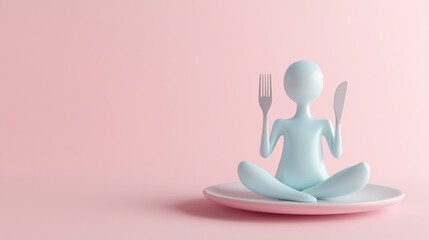 Light blue figurine holding fork and knife sitting in lotus position on pink plate on pink background