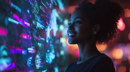 Global tech with black woman at night for information technology, research, or digital jobs. IoT, smile and future 3D world hologram in dark, person networking with cloud computing dashboard.