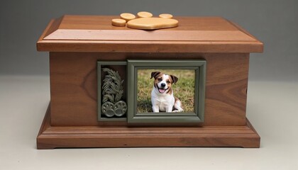 Beautiful wooden pet urn with a paw print detail on top and a framed photo of a dog, perfect for honoring pets and preserving their memory with love and respect