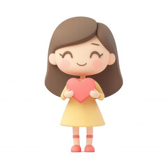 Cute animated girl holding a heart, symbolizing love and happiness., isolated on a transparent background.