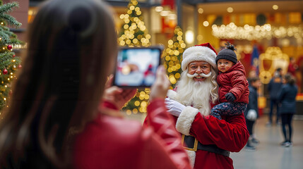 Obraz premium A woman taking a picture of Santa Claus with a child