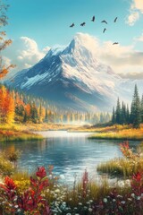 Fototapeta premium A serene scenic view of a foggy coniferous forest and lake