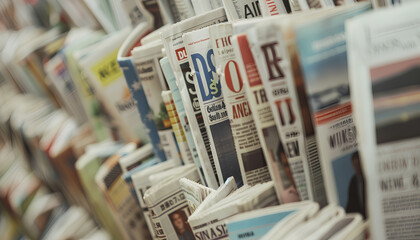 Many newspapers in different countries as background, close-up