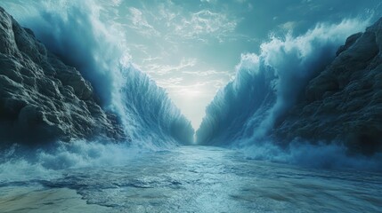 Ocean opening in biblical event of Moses. Opening of the Red Sea.