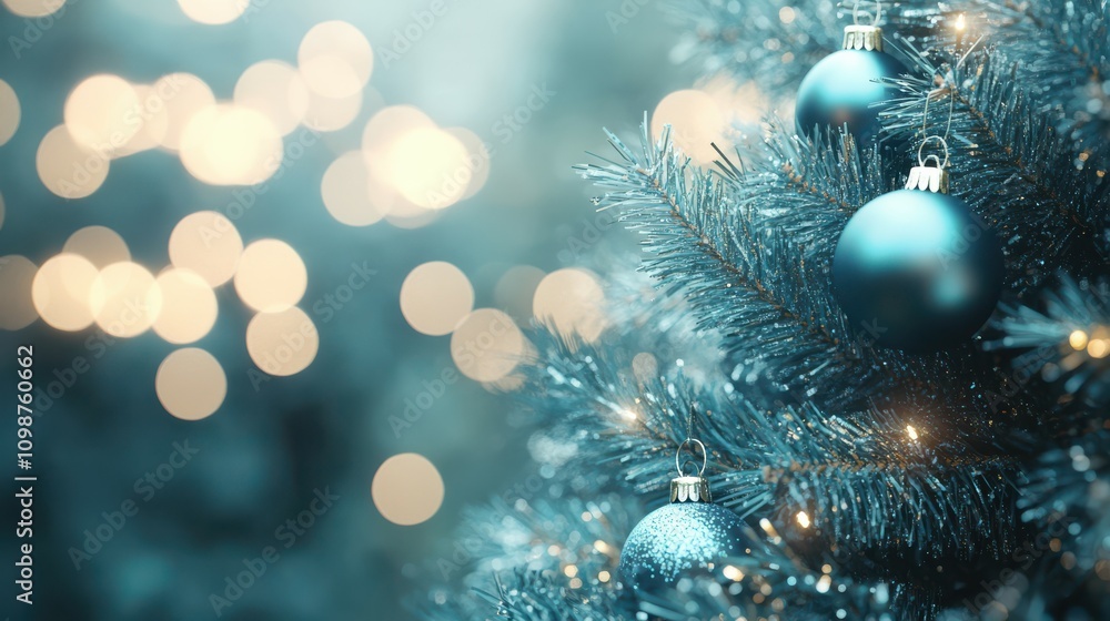 Poster christmas tree with ornaments in blue and bokeh lights - real fir branches with glittering in abstra