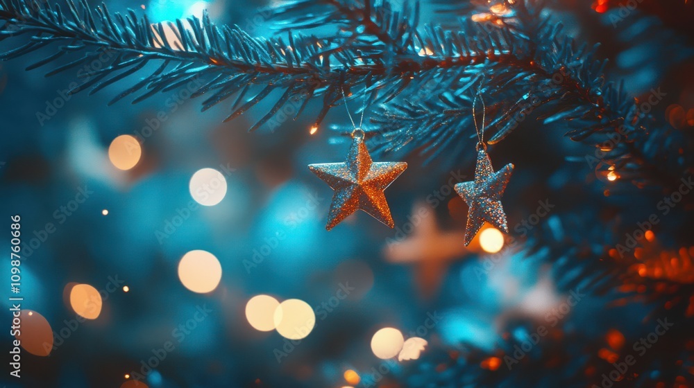 Poster christmas tree with lights in blue - stars hanging on fir branches with glittering and bokeh in abst