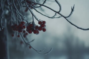 A winter scene with winter frozen viburnums under snow. A winter scene with viburnums under snow. A beautiful winter scene with autumn and snow.