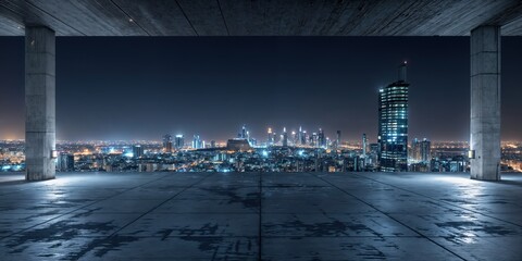Obraz premium Empty concrete square platform overlooking riyadh skyline by night