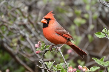 An image of a vibrant red northern cardinal, Cardinalis, perched on a tree branch during heavy winter snow in Virginia, with snowflakes falling and eating flowers