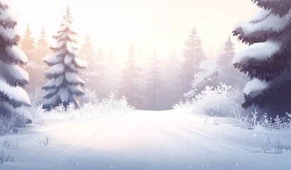 Fototapeta premium Background of snow and frost with forest landscape in winter