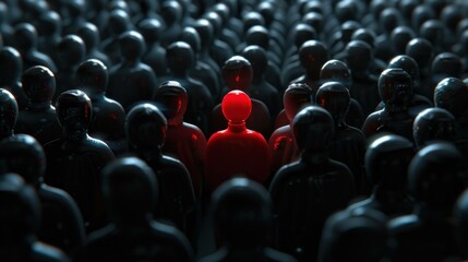 Obraz premium Unique red figure standing out among dark silhouettes, representing individuality and the courage to be different in a crowd.