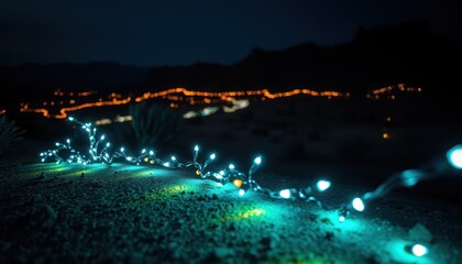 Obraz premium Night lights illuminate a desert landscape with a blurred town in the background.