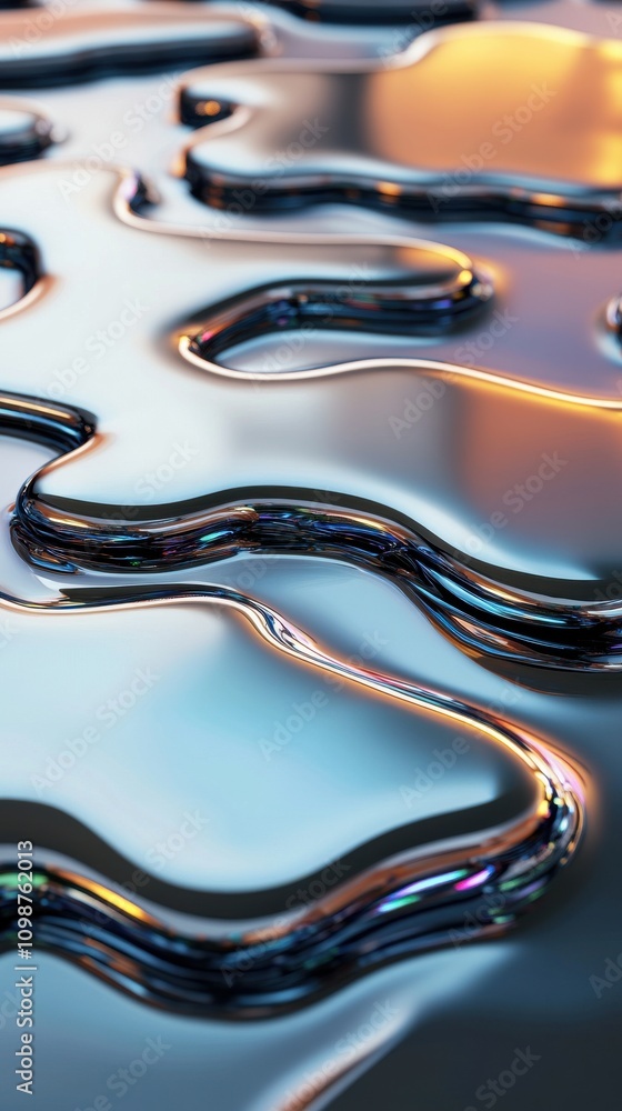 Aufkleber close-up of a reflective, fluid metallic surface capturing vibrant hues and intricate patterns.