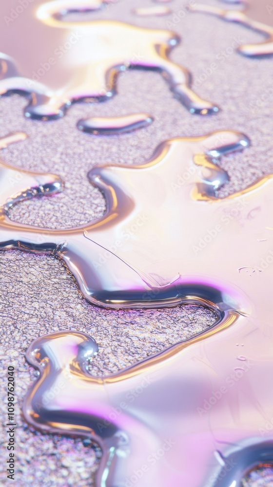 Poster a shimmering, iridescent liquid puzzle piece resting on a textured surface, creating a captivating v