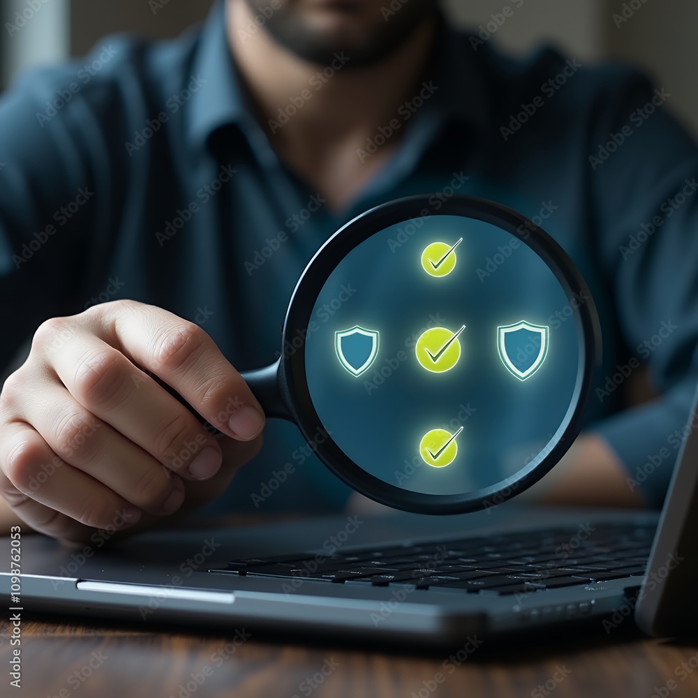 Poster Quality Control and Certification Assurance Examined Through a Magnifying Glass with Documents Depicting Compliance Verification and Standards
