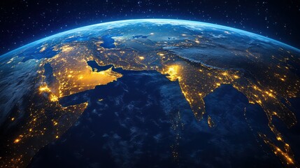 Obraz premium Digital map of the Earth from space, showing lights by night, the Middle East, Africa, and Asia