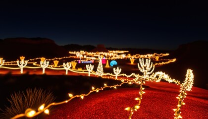 Fototapeta premium Night view of illuminated desert landscape with Christmas lights outlining cacti and trees.