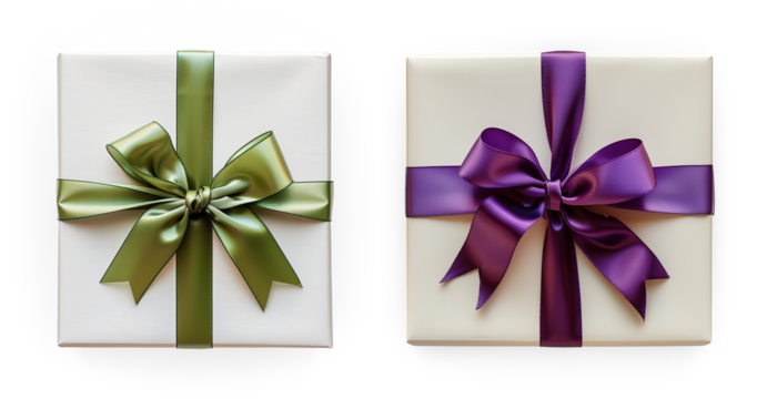 Overhead Directly Above Two White Wrapped Gift Boxes with Green and Purple Silk Bow and Ribbon. Transparent PNG.