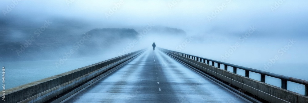 Leinwandbilder a person walks alone on a long, empty bridge surrounded by fog, creating a serene and contemplative 