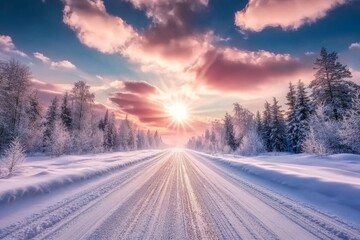 Obraz premium A road leading towards Finland's colorful sunrise in winter