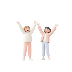 Fototapeta premium Two joyful friends celebrating happiness with raised arms and bright smiles., isolated on a transparent background.