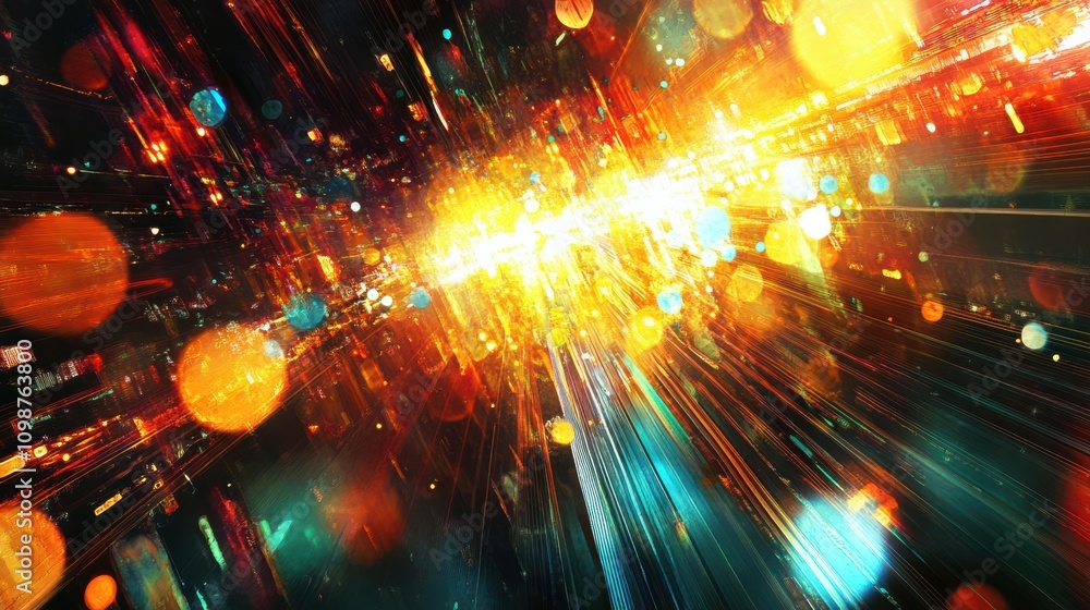 Poster colorful lights and dynamic patterns are displayed in a vibrant, futuristic abstract scene.