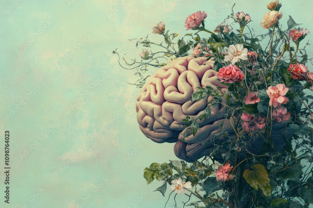 Aufkleber a brain is surrounded by vibrant flowers and greenery, symbolizing the link between cognitive proces