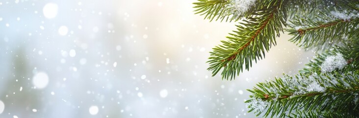 Obraz premium The green branches of a fir tree are close up, showing the Christmas and winter season.