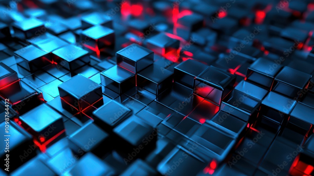 Poster dynamic red lighting creates depth and dimension in this elegant 3d visualization of blue geometric 