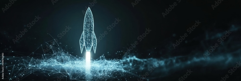 Aufkleber a rocket launches from a digital platform, showcasing an abstract wireframe design and symbolizing i