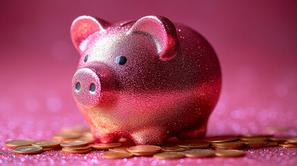 Glittery pink piggy bank standing on a pile of coins on a sparkling pink background represents saving money