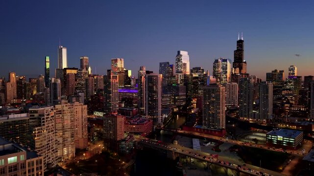 Drone footage of Chicago Skyline at night 